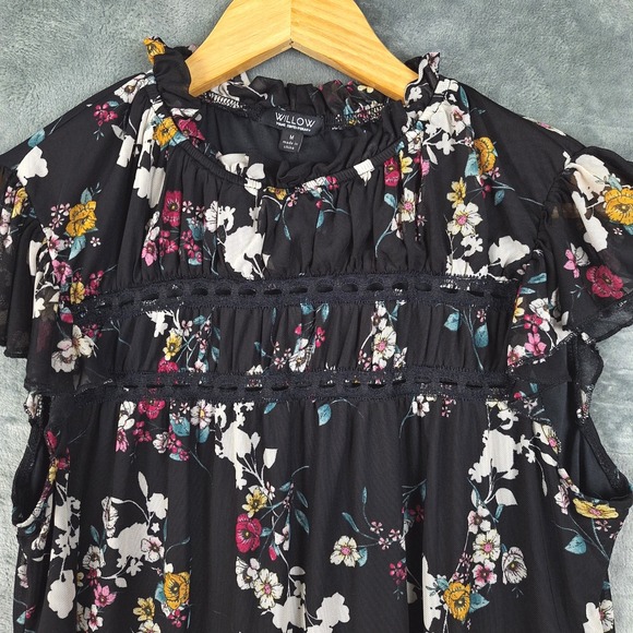 Womens Top Medium Black Floral Lace Fairy Ruffle Whimsigoth Romantic Feminine - Picture 3 of 8